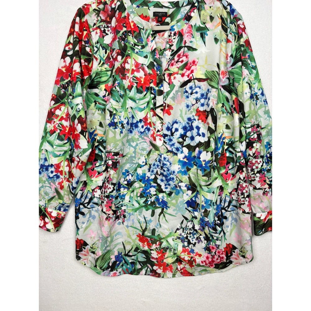 Talbots Floral Tunic Womens 1X Plus Split Neck Long Sleeve Blouse